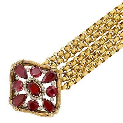Lot 94 - Antique Four Strand Gold, Garnet and Diamond Bracelet