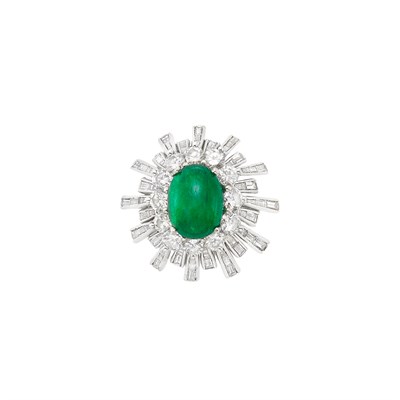 Lot 154 - Platinum, Cabochon Emerald and Diamond Dome Ring