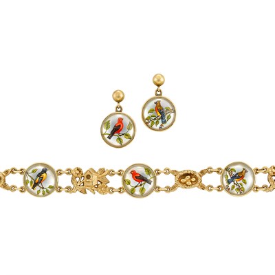 Lot 171 - Gold and Reverse Crystal Intaglio Bracelet and Pair of Earrings, Yard