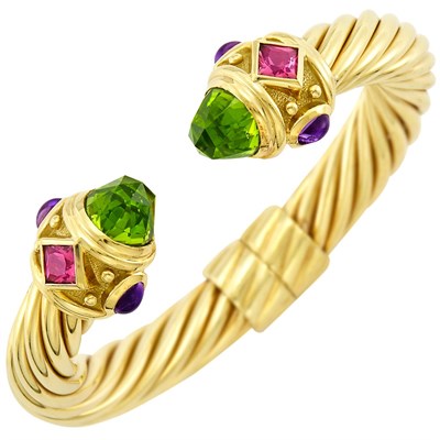 Lot 30 - Gold, Peridot, Pink Tourmaline and Cabochon Amethyst 'Renaissance' Bangle Bracelet, David Yurman