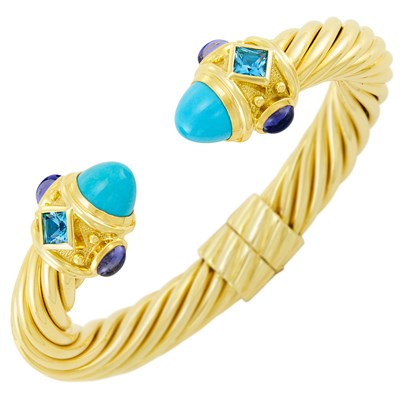 Lot 327 - Gold, Turquoise, Blue Topaz and Cabochon Iolite 'Renaissance' Bangle Bracelet, David Yurman