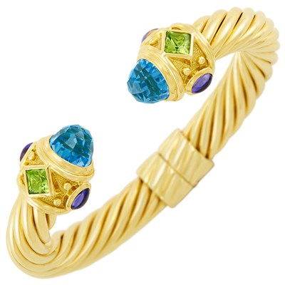 Lot 326 - Gold, Blue Topaz, Peridot and Cabochon Iolite 'Renaissance' Bangle Bracelet, David Yurman