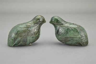 Lot 93 - Pair of Chinese Spinach Green Jade Quail-Form...