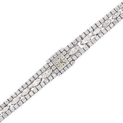 Lot 244 - White Gold and Diamond Bracelet-Watch, Omega