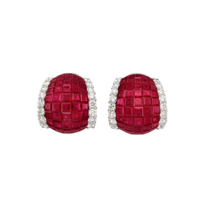 Lot 390 - Pair of Platinum, Invisibly-Set Ruby and Diamond Bombe Earclips
