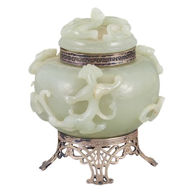 Lot 210 - Chinese Celadon Jade Covered Bowl Mounted as...