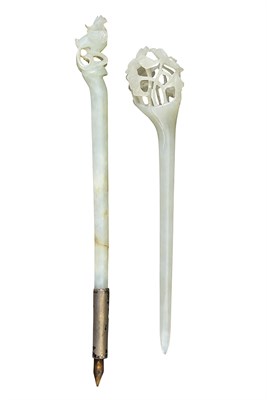 Lot 211 - Two Chinese Pale Celadon Jade Hairpins Qing...