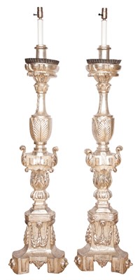 Lot 487 - Pair of Silvered Wood Altarsticks Height 49...