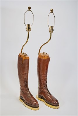 Lot 183 - Pair of Brown Leather Hunting Boot Form Lamps...