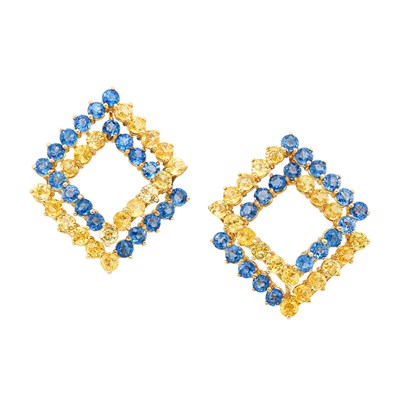 Lot 248 - Pair of Gold, Blue and Yellow Sapphire Earclips, Angela Cummings