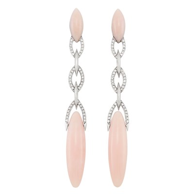 Lot 104 - Pair of White Gold, Pink Opal and Diamond Pendant-Earrings, Silverhorn