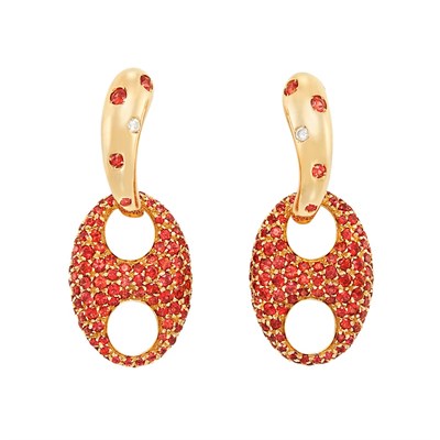 Lot 80 - Pair of Gold, Diamond and Orange Sapphire Pendant-Earrings