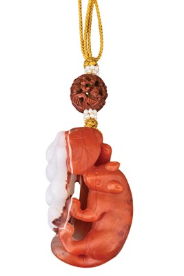 Lot 198 - Chinese Iron Red and White Jade Squirrel and...