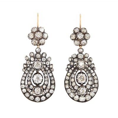 Lot 319 - Pair of Antique Silver-Topped Gold and Diamond Pendant-Earrings