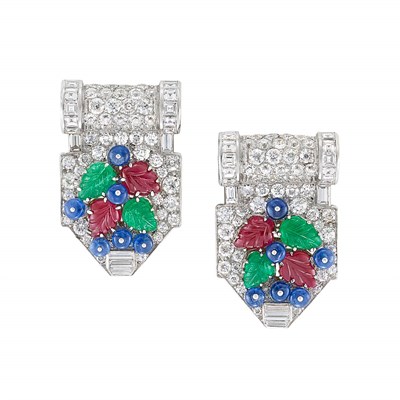 Lot 349 - Pair of Platinum, Gold, Diamond and Gem-Set 'Tutti Frutti' Dress Clips