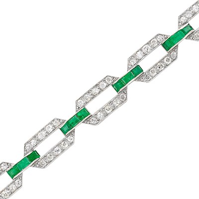 Lot 178 - Platinum, Emerald and Diamond Link Bracelet, France
