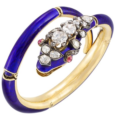 Lot 317 - Antique Gold, Silver, Blue Enamel and Diamond Snake Bracelet