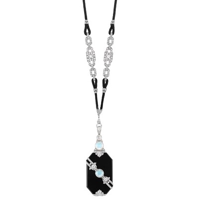Lot 401 - Art Deco Platinum, Diamond, Moonstone and Black Onyx Pendant-Locket and Black Cord and Diamond Necklace, France