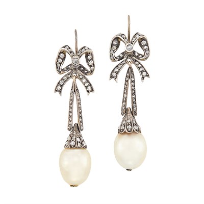 Lot 321 - Pair of Antique Silver-Topped Gold, Diamond and Natural Pearl Pendant-Earrings