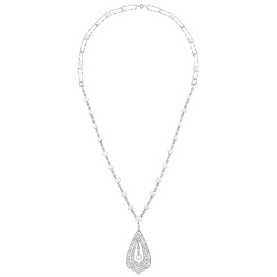 Lot 346 - Art Deco Platinum, Diamond and Cultured Pearl Lavaliere Pendant-Necklace