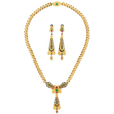 Lot 310 - Antique Gold, Ruby, Emerald and Enamel Necklace and Pair of Pendant- Earrings