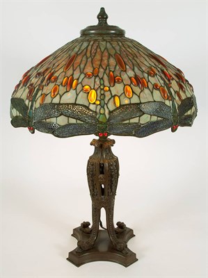 Lot 498 - Tiffany Style Bronze and Leaded Glass...