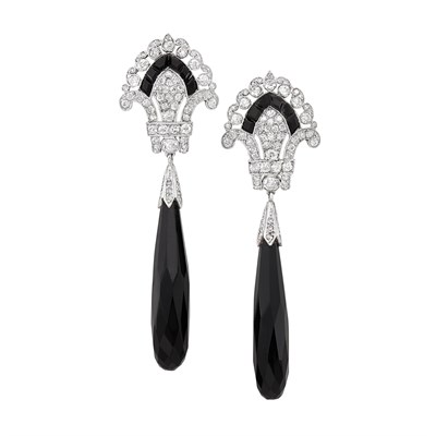 Lot 404 - Pair of Art Deco Platinum, Diamond and Black Onyx Pendant-Earrings
