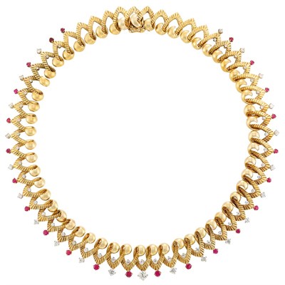 Lot 212 - Two-Color Gold, Diamond and Ruby Necklace