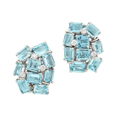 Lot 140 - Pair of White Gold, Silver, Aquamarine and Diamond Cluster Earclips