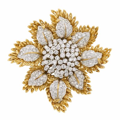 Lot 59 - Two-Color Gold and Diamond Floral Pendant-Brooch