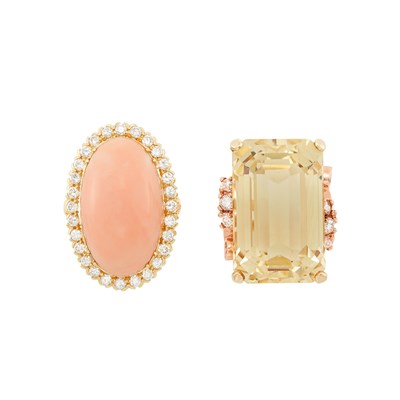 Lot 98 - Gold, Coral and Diamond Ring and Retro Two-Color Gold, Citrine and Diamond Ring