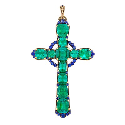 Lot 328 - Antique Gold, Tourmaline and Sapphire Cross Pendant, Tiffany & Co.