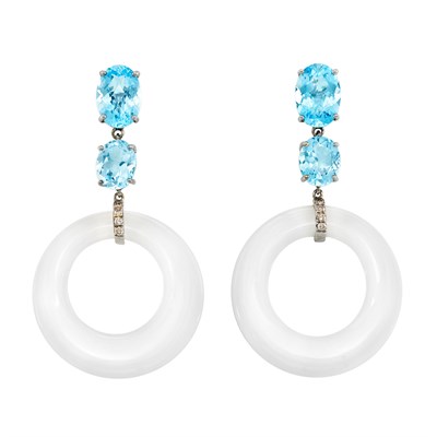 Lot 393 - Pair of Blackened Gold, Blue Topaz, Diamond and White Agate Pendant-Earrings