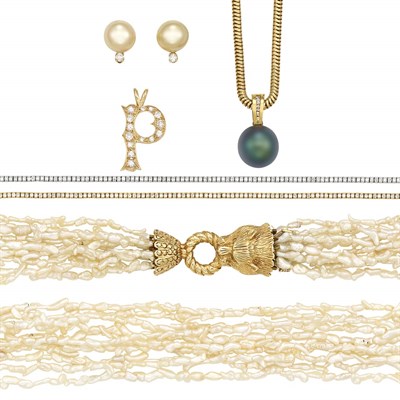 Lot 70 - Group of Two-Color Gold, Diamond, Cultured and Freshwater Pearl Jewelry