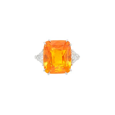 Lot 360 - Platinum, Yellowish-Orange Sapphire and Diamond Ring