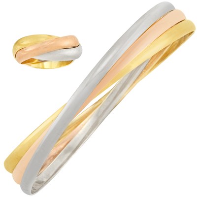 Lot 34 - Tricolor Gold 'Trinity' Rolling Bangle Bracelet and Ring, Cartier