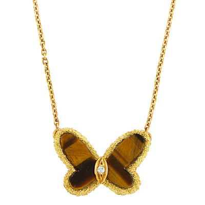 Lot 93 - Gold, Tiger's Eye and Diamond Butterfly Pendant-Necklace, Van Cleef & Arpels