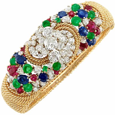 Lot 379 - Two-Color Gold, Diamond, Sapphire, Ruby and Emerald Bangle Bracelet
