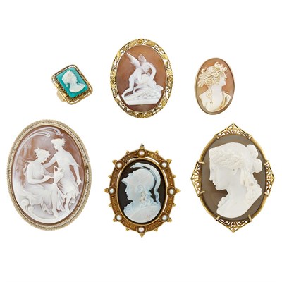 Lot 44 - Six Hardstone and Shell Cameo and Split Pearl Pendant-Brooches and Ring