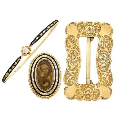 Lot 38 - Group of Antique Gold, Enamel, Hair and Diamond Jewelry