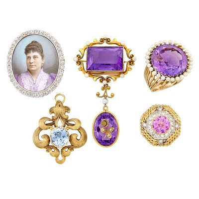 Lot 115 - Two Gold, Gem-Set and Diamond Rings and Three Antique Pendants and Brooches