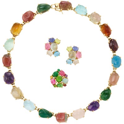 Lot 240 - Gold and Cabochon Multicolored Necklace, Pair of Earclips and Ring