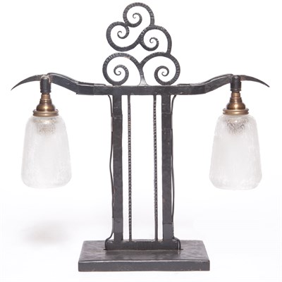 Lot 395 - Daum Glass and Wrought Iron Two-Light Lamp...