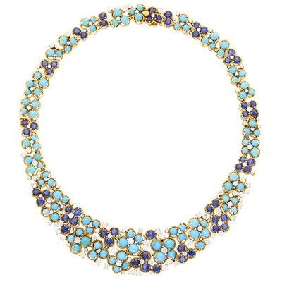 Lot 202 - Van Cleef & Arpels Gold, Turquoise, Diamond and Sapphire Bib Necklace, France