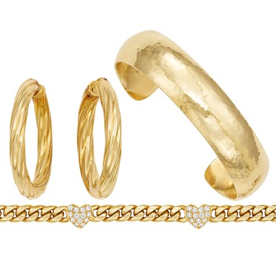 Lot 251 - Gold and Diamond Bracelet, Bangle and Pair of Hoop Earclips