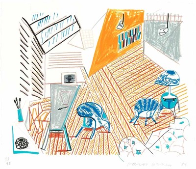 Lot 84 - David Hockney PEMBROKE STUDIO WITH BLUE CHAIRS...