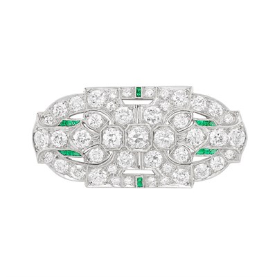 Lot 177 - Art Deco Platinum, Diamond and Emerald Brooch