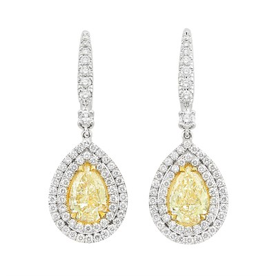 Lot 175 - Pair of Two-Color Gold, Light Yellow Diamond and Diamond Pendant-Earrings