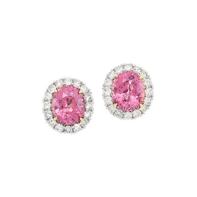 Lot 46 - Pair of Two-Color Gold, Pink Spinel and Diamond Earclips