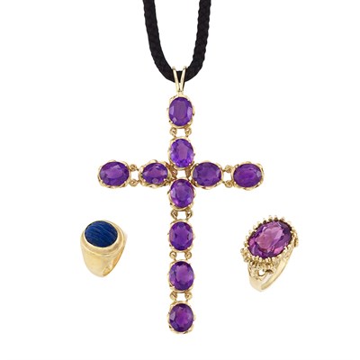 Lot 125 - Gold and Amethyst Cross Pendant and Two Gold and Gem-Set Rings